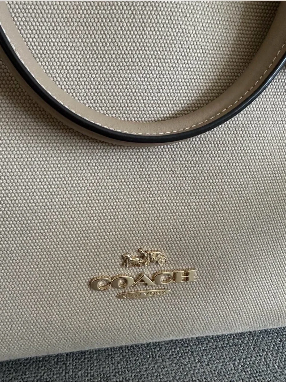 Coach Beige Canvas Tote with Tan Leather Trim and Gold Hardware